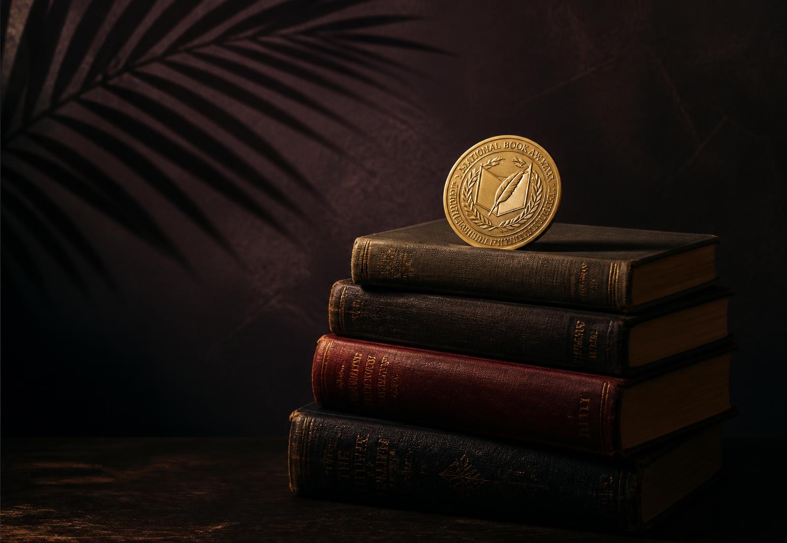 A gold award medal resting on a stack of antique hardcover books